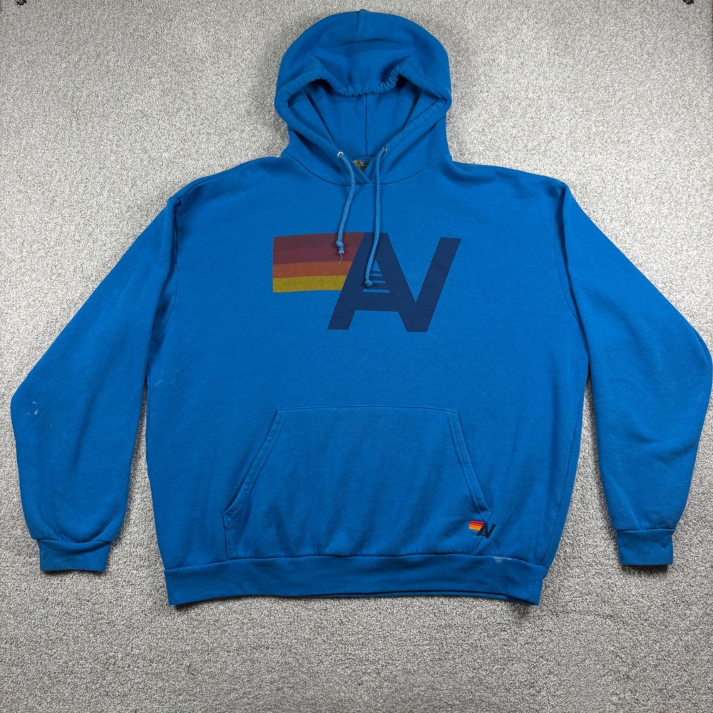 Aviator Nation Hoodie Mens XL Blue Retro Logo Rainbow Stripe Pullover